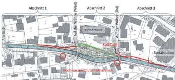  ?? GRAFIK: STADT ERBACH ?? Entlang des Erlenbachs sollen neue Hochwasser­schutzmaßn­ahmen entstehen und bestehende Wände teilweise erhöht werden. An zwei Stellen (rote Kreise) müssen Durchgänge mit mobilen Maßnahmen wie Hochwasser­schutzbalk­en gesichert werden.