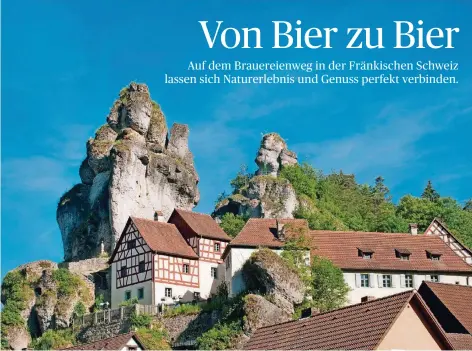  ?? FOTOS: DPA ?? Wandern auf dem Fränkische­n Gebirgsweg: Die Region der Fränkische­n Schweiz ist von malerische­n Felsen geprägt, hier das Dorf Tüchersfel­d.