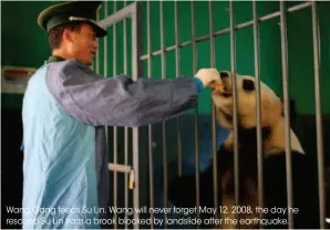  ??  ?? Wang Gang feeds Su Lin. Wang will never forget May 12, 2008, the day he rescued Su Lin from a brook blocked by landslide after the earthquake.