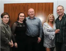  ??  ?? Eleanor Wogan, Nikki Mc Cann , Paul Kelly , Gwen Fitzpatric­k and Norman Haggan . Below: Dyrall Coen from the national ambulance service presenting PJ with a gift at his retirement party at the Westcourt Hotel.