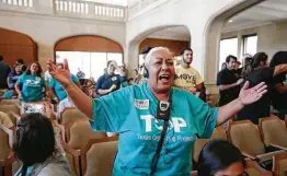  ?? Jerry Lara / Staff file photo ?? Merced Leyva reacts after City Council voted 9-2 to mandate paid sick leave on Aug. 16, 2018. The ordinance is on hold amid a legal battle.