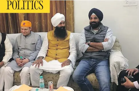  ?? PST ?? Winnipeg MP Kevin Lamoureux, left, Surrey, B.C., MP Randeep Sarai, centre, and former Punjab revenue minister Bikram Singh Majithia at a meeting in India last month. Majithia has been implicated in connection with alleged money laundering and links...