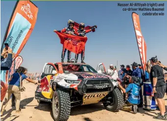  ?? ?? Nasser Al-attiyah (right) and co-driver Mathieu Baumel celebrate win