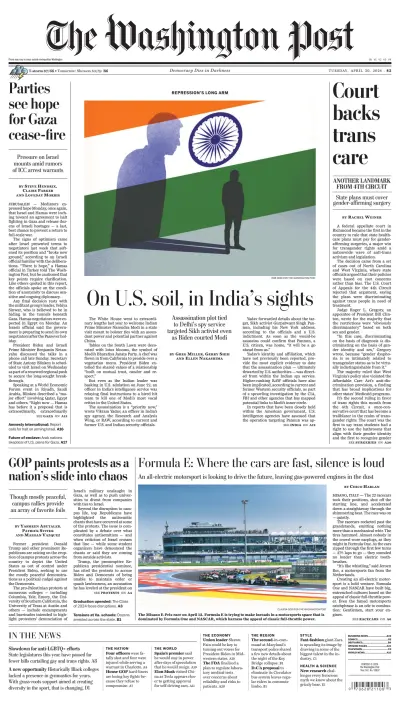 Front page of Washington Post newspaper from USA