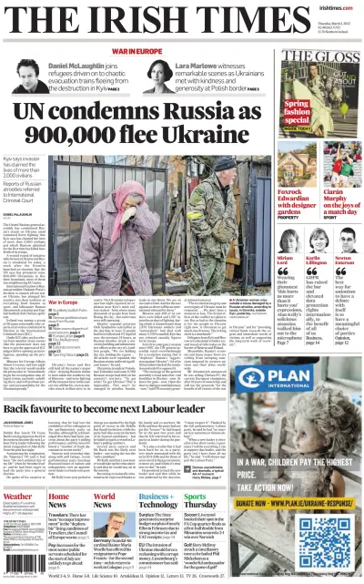 Front page of The Irish Times newspaper from Ireland