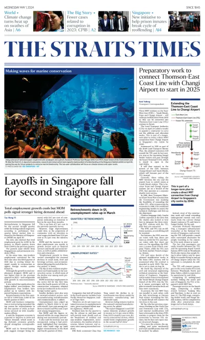 Front page of The Straits Times newspaper from Singapore