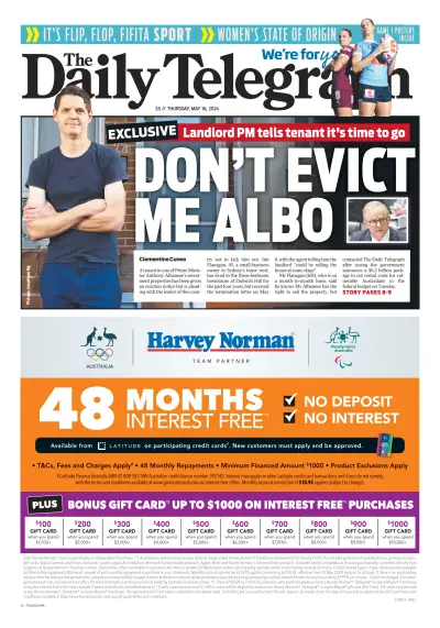 Front page of Daily Telegraph newspaper from Australia