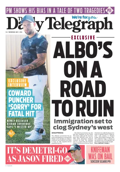 Front page of The Daily Telegraph (Sydney) newspaper from Australia