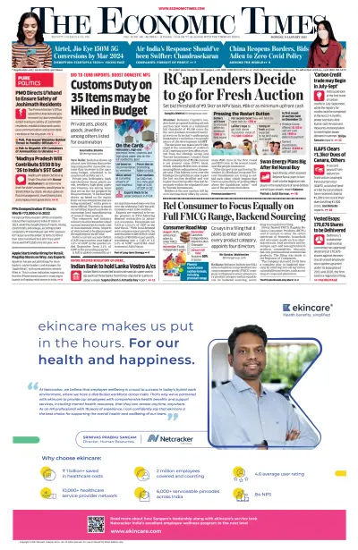 Front page of Economic Times newspaper from India