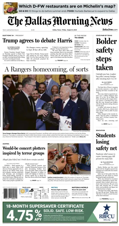 Front page of Dallas Morning News newspaper from United States