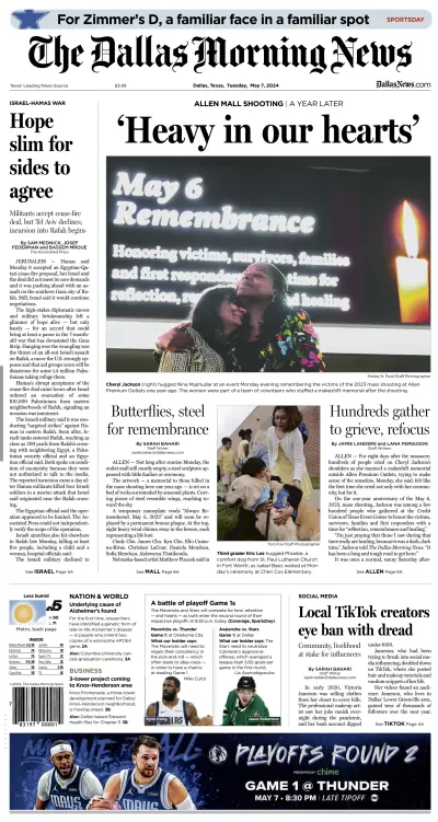 Front page of The Dallas Morning News newspaper from USA