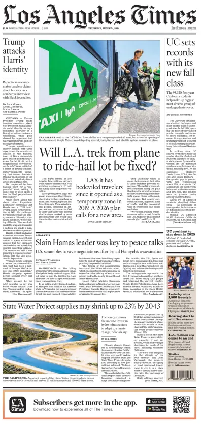 Front page of Los Angeles Times newspaper from USA