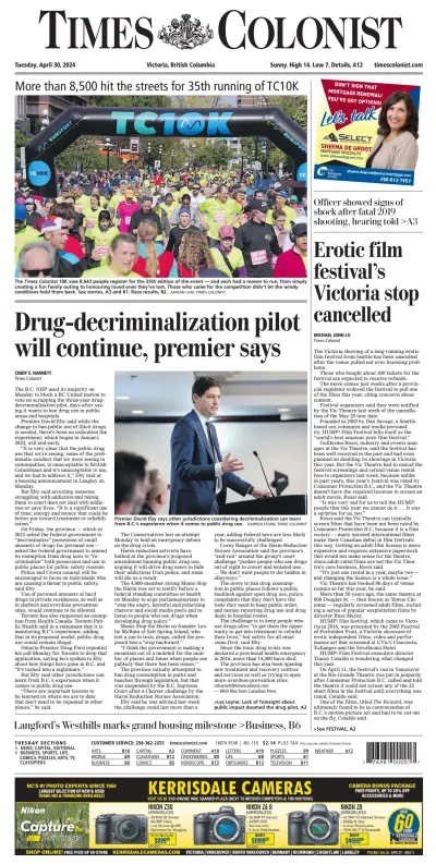 Front page of Times-Colonist Victoria newspaper from Canada