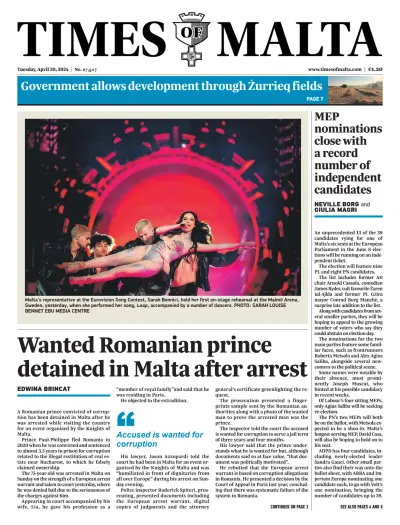Front page of The Times of Malta newspaper from Malta