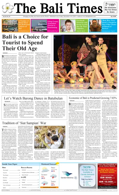 Front page of The Bali Times newspaper from Indonesia