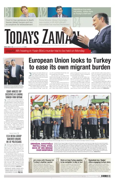 Front page of Today's Zaman newspaper from Turkey