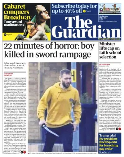 Front page of The Guardian newspaper from UK