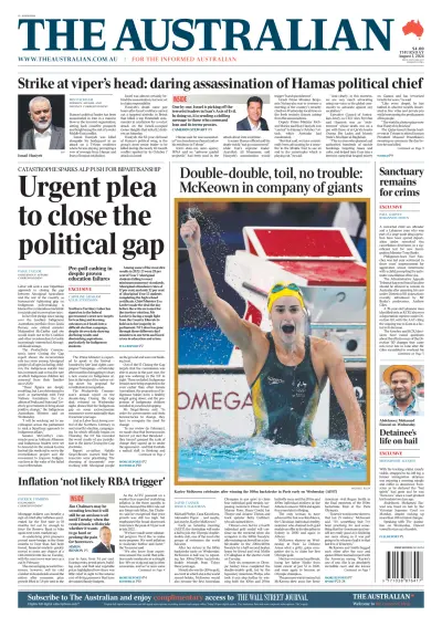 Front page of The Australian newspaper from Australia