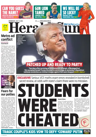 Front page of Herald Sun newspaper from Australia
