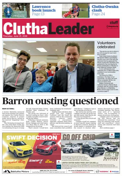 Front page of Clutha Leader newspaper from New Zealand