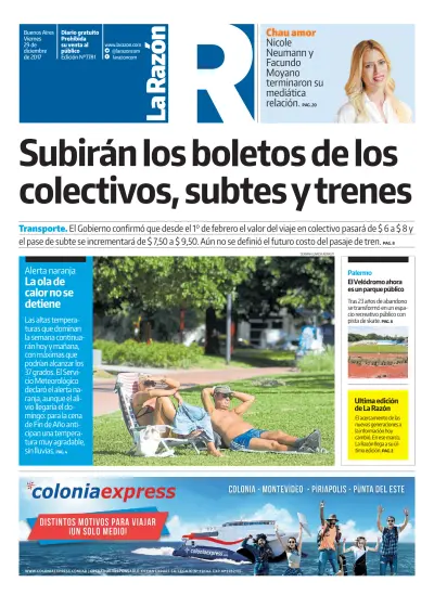 Front page of La Razon newspaper from Argentina