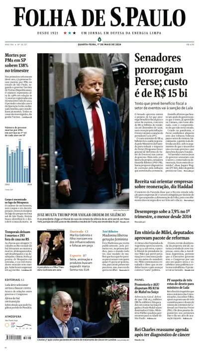 Front page of Folha De S.Paulo newspaper from Brazil