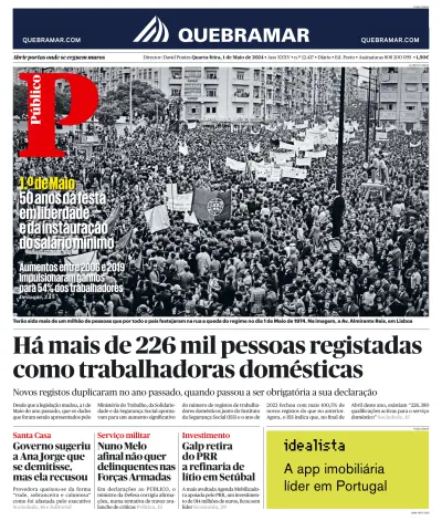 Front page of Publico Porto Edition newspaper from Portugal