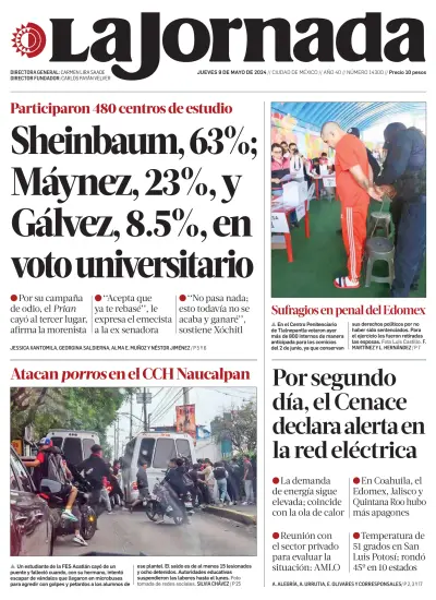 Front page of La Jornada newspaper from Mexico