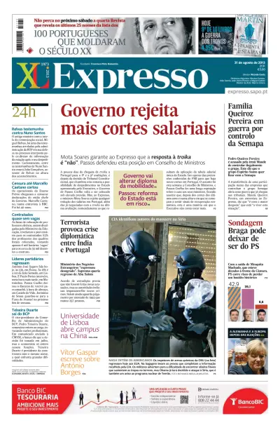Front page of Expresso newspaper from Portugal