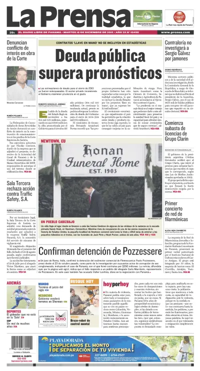 Front page of La Prensa newspaper from Panama