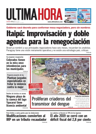 Front page of Ultima Hora newspaper from Paraguay