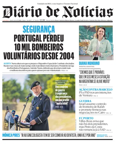 Front page of Diario de Noticias newspaper from Portugal