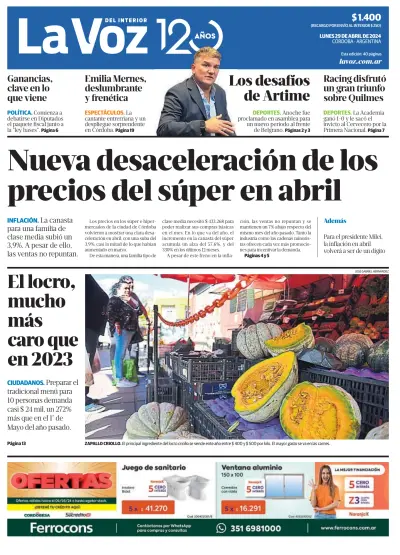 Front page of La Voz del Interior newspaper from Argentina