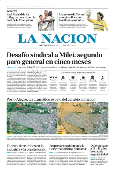 Front page of La Nacion (Combined) newspaper from Argentina
