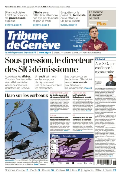 Front page of Tribune De Geneve newspaper from Switzerland