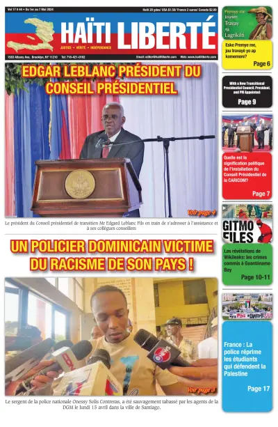 Front page of Haiti Liberte newspaper from Haiti
