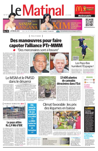 Front page of Le Matinal newspaper from Mauritius