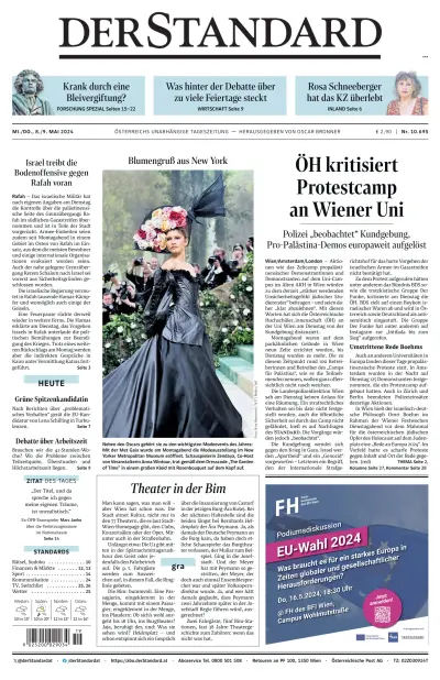 Front page of Der Standard newspaper from Austria