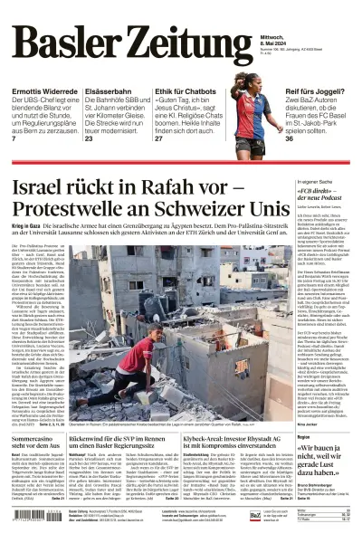 Front page of Basler Zeitung newspaper from Switzerland