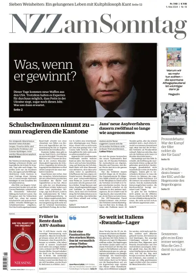 Front page of Neue Zurcher Zeitung am Sonntag newspaper from Switzerland
