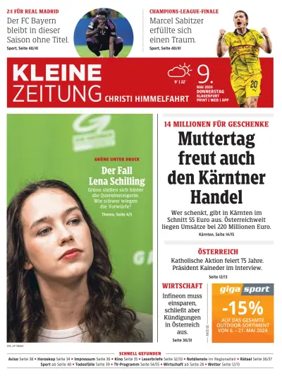 Front page of Kleine Zeitung Karnten newspaper from Austria