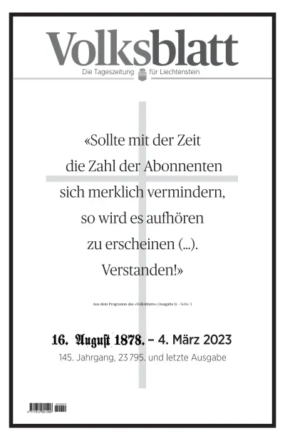 Front page of Liechtensteiner Volksblatt newspaper from Liechtenstein