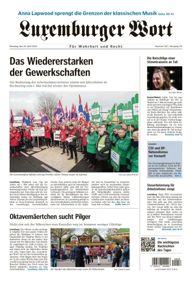 Front page of Luxemburger Wort newspaper from Luxembourg