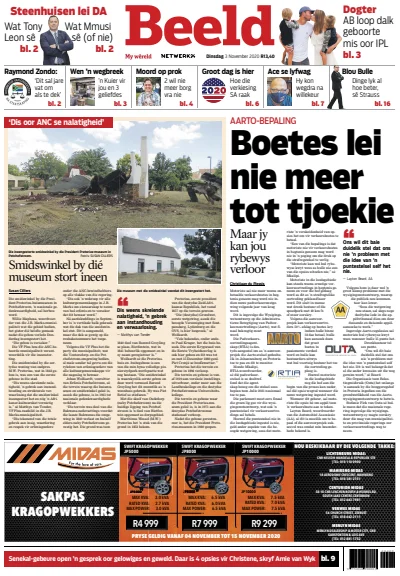 Front page of Beeld Digital newspaper from South Africa