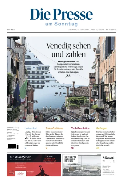 Front page of Die Presse am Sonntag newspaper from Austria