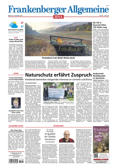 Front page of HNA Frankenberger Allgemeine newspaper from Germany
