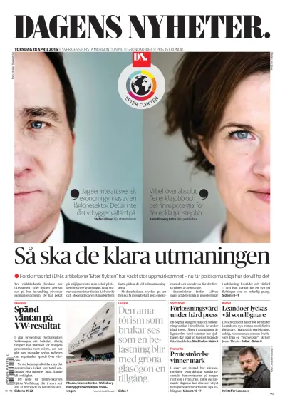 Front page of Dagens Nyheter newspaper from Sweden