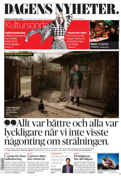 Front page of Dagens Nyheter Weekend newspaper from Sweden