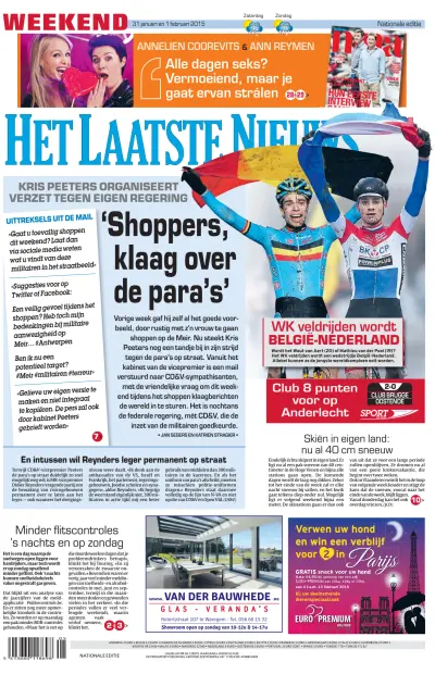 Front page of Het Laatste Nieuws newspaper from Belgium