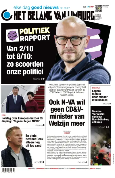 Front page of Het Belang Van Limburg newspaper from Belgium